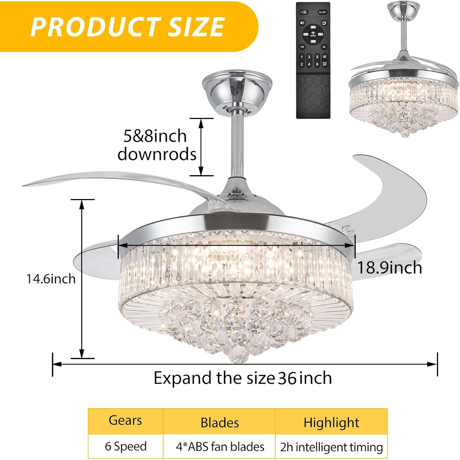 DatingDay 36' Invisible Ceiling Fan Chandelier Light,Modern Crystal Ceiling Fan Light Remote Control 4 Retractable ABS Blades for Bedroom Living Room Dining Room Decoration