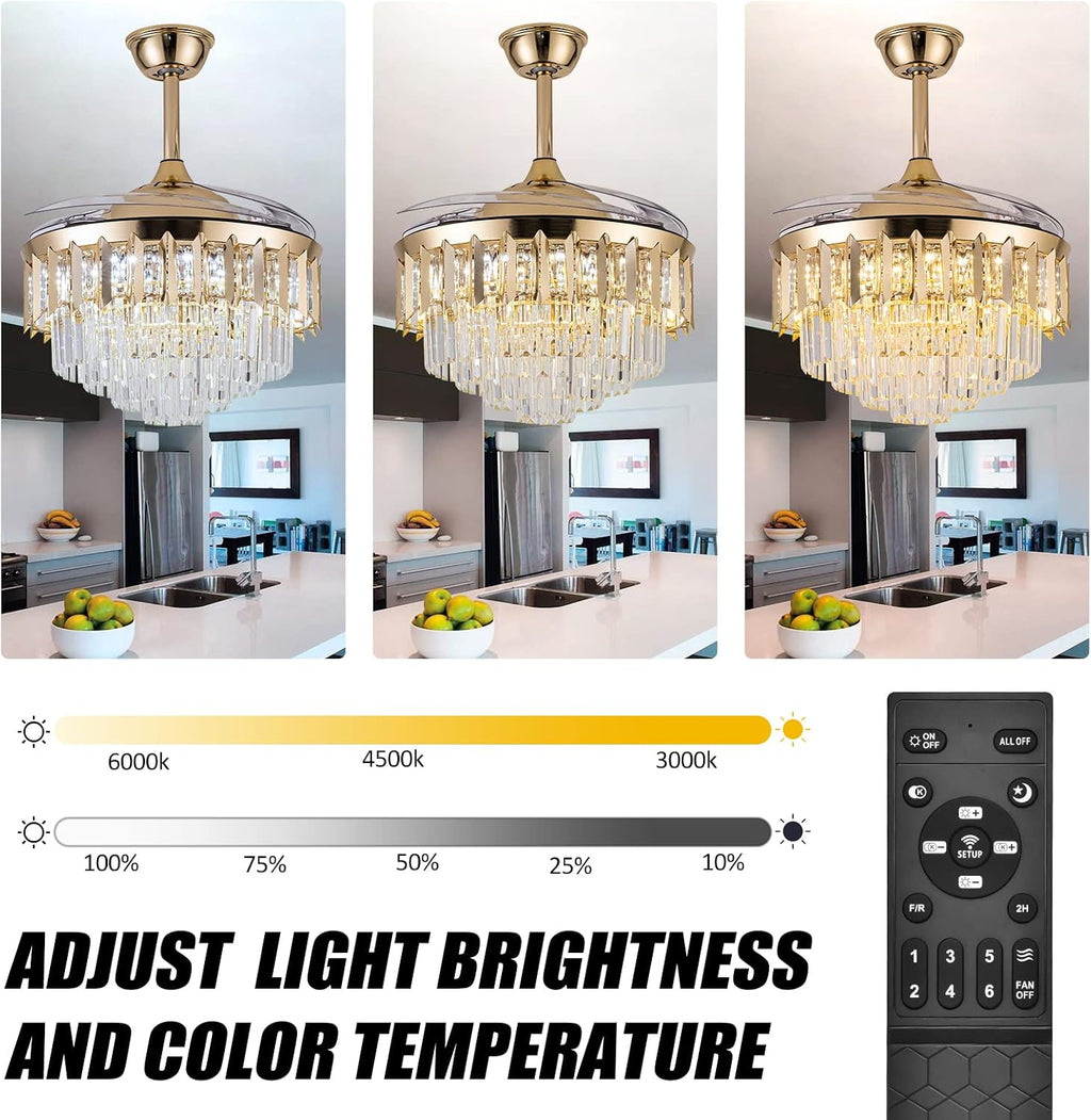42 Inch Chandelier Ceiling Fan Modern Crystal Ceiling Fan with Lights Remote Control 6 Speed 3 Color Dimmable Silent Luxury Fandelier with Retractable Blades for Living Room Bedroom Decoration Gold