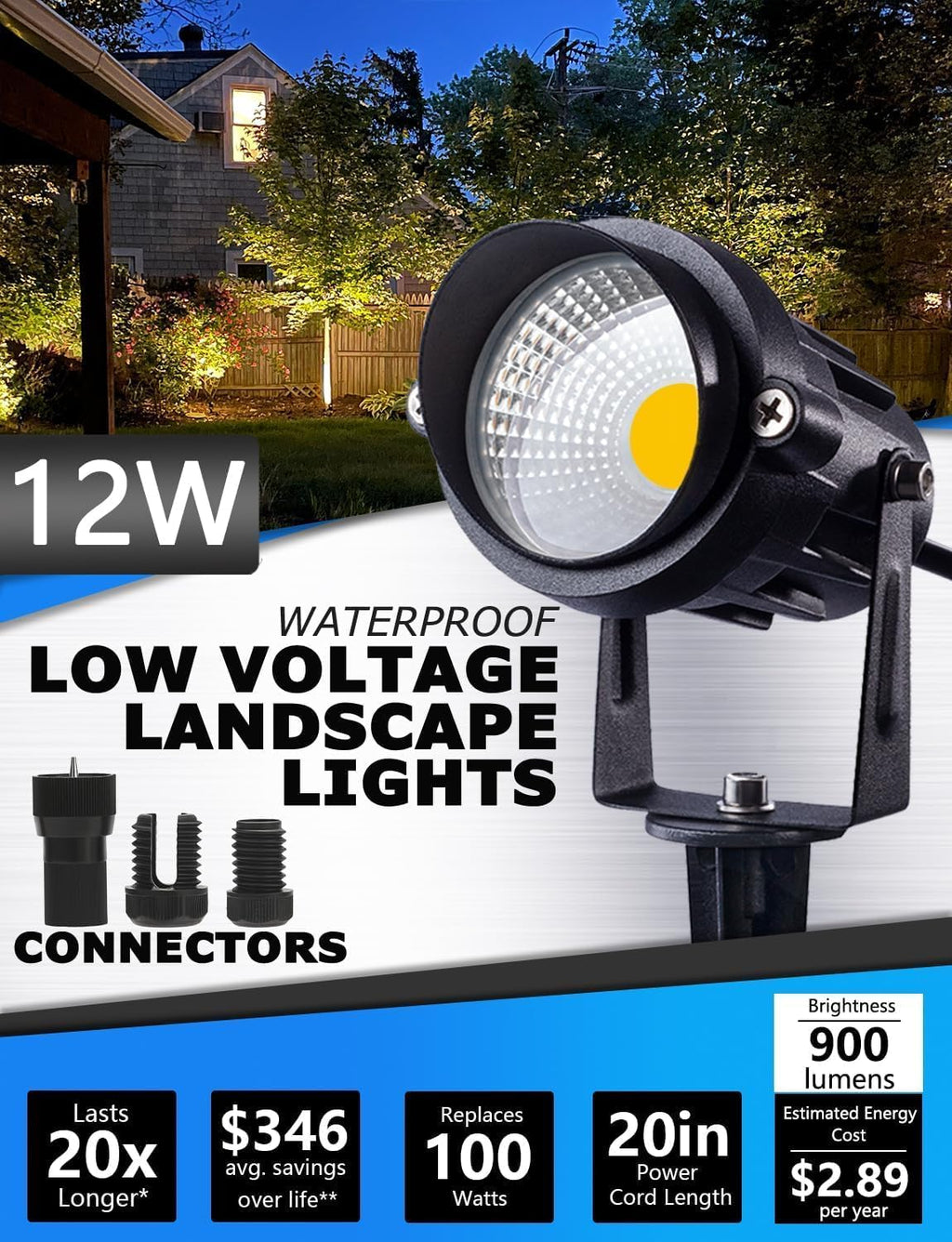 SUNVIE 10 Pack 12W Low Voltage Landscape Lights LED Landscape Lighting AC/DC 12V-24V Outdoor Spotlight 300W Low Voltage Transformer with Timer and Photocell Sensor 120V to 12V/14V for Outdoor Lighting