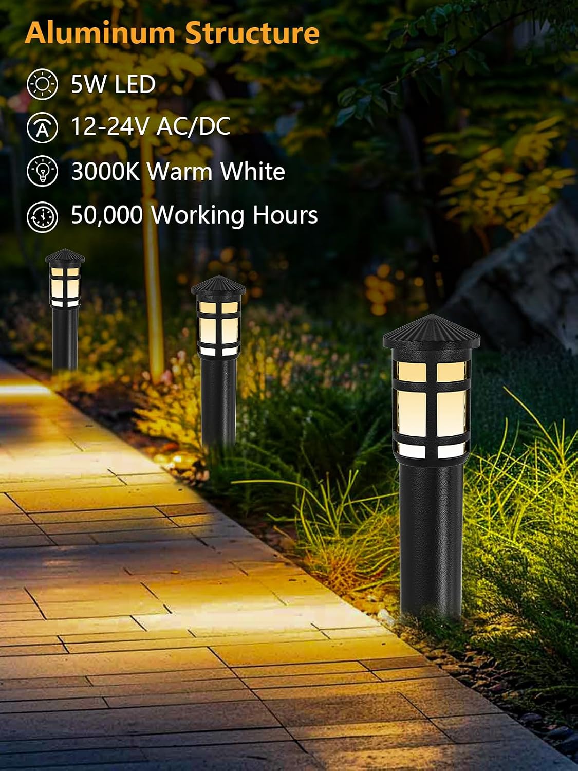 ZUCKEO Low Voltage Landscape Pathway Lights 5W Outdoor Landscape Lighting, 12-24V 3000K Aluminum Wired LED Bollard Path Lights Waterproof for Walkway Yard Garden, 12Pack