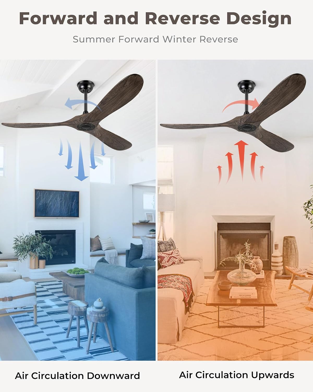 60' Ceiling Fans Without Light, Solid Wood Ceiling Fan No Light with Remote Control and DC Motor, Outdoor Ceiling Fan with 3 Blades, Outdoor fan for Patios - Deep Brown