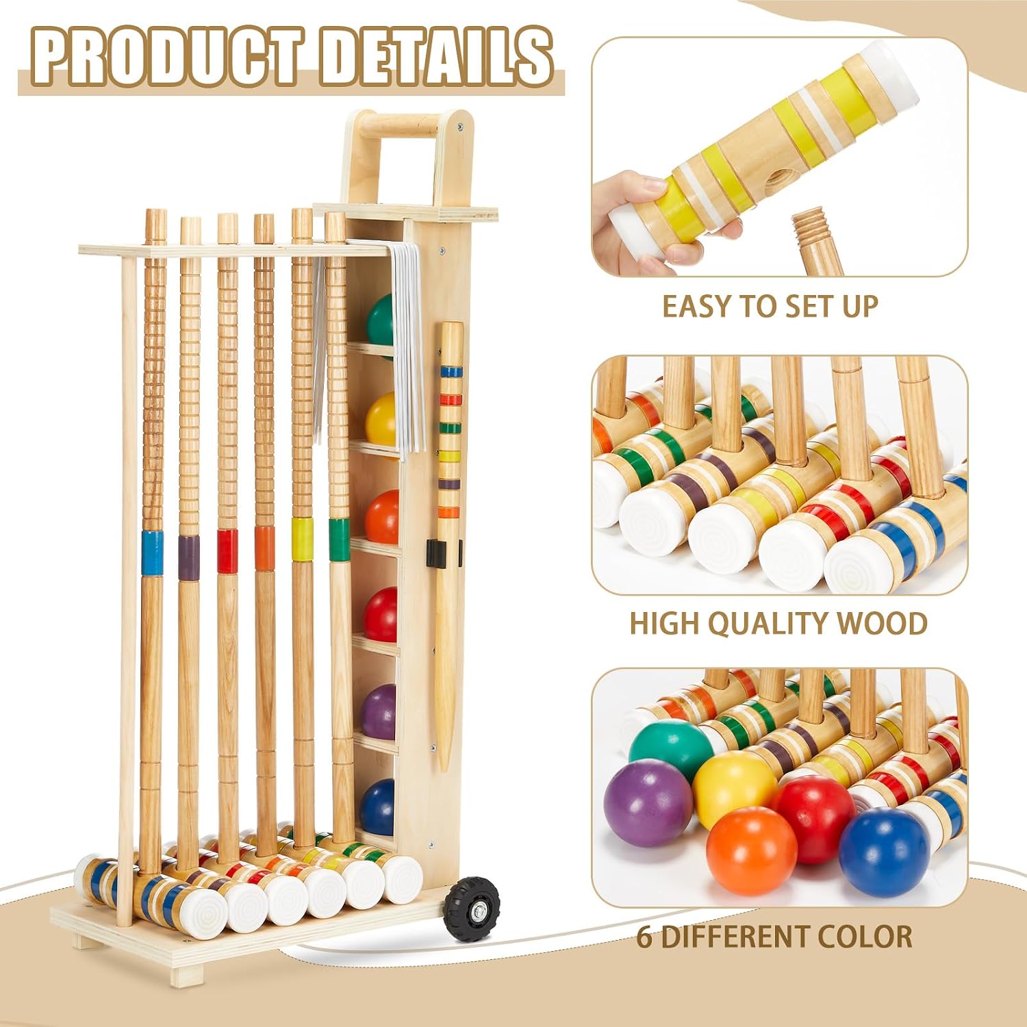 Hiboom 6 Player Croquet Set for Adults with Wooden Stand, Rubber Wooden Mallets, Colored Balls and Steel Wicket for Family & Friends, Great for Outdoor Lawn, Backyard Park