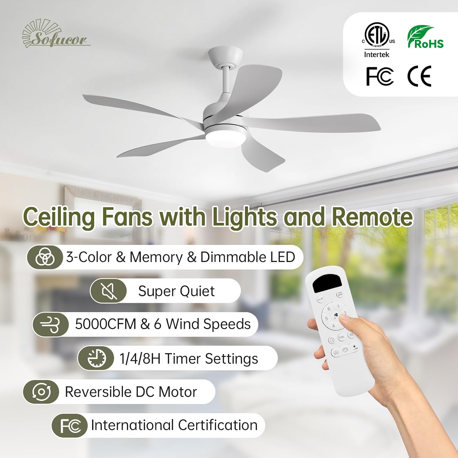 Sofucor 52 Inch Ceiling Fan with Light, Modern Ceiling Fan with Dimmable Memory LED - Quiet DC Motor, 6 Speeds 5000CFM, Timer, Reversible, for Living Room Bedroom, ETL, 5 Plastic+ABS Blades, White
