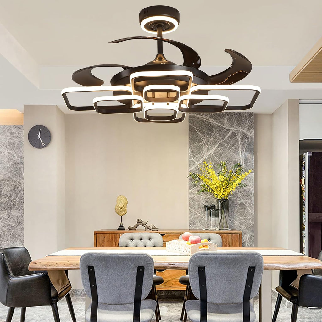 48 Inch Retractable Fandelier Ceiling Fan Chandelier with Lights and Remote for Bedroom Indoor Decoration, 3 Color Changeable, Dimmable with App, Timer Setting, Black