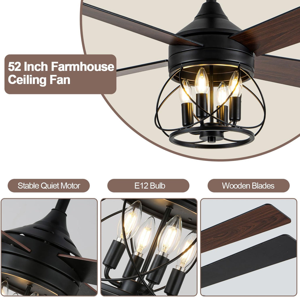 52 Inch Farmhouse Ceiling Fan with Light and Remote Industrial Ceiling Fan Quiet and Reversible DC Motor Rustic Caged Chandelier Fan for Living Room Bedroom Patio