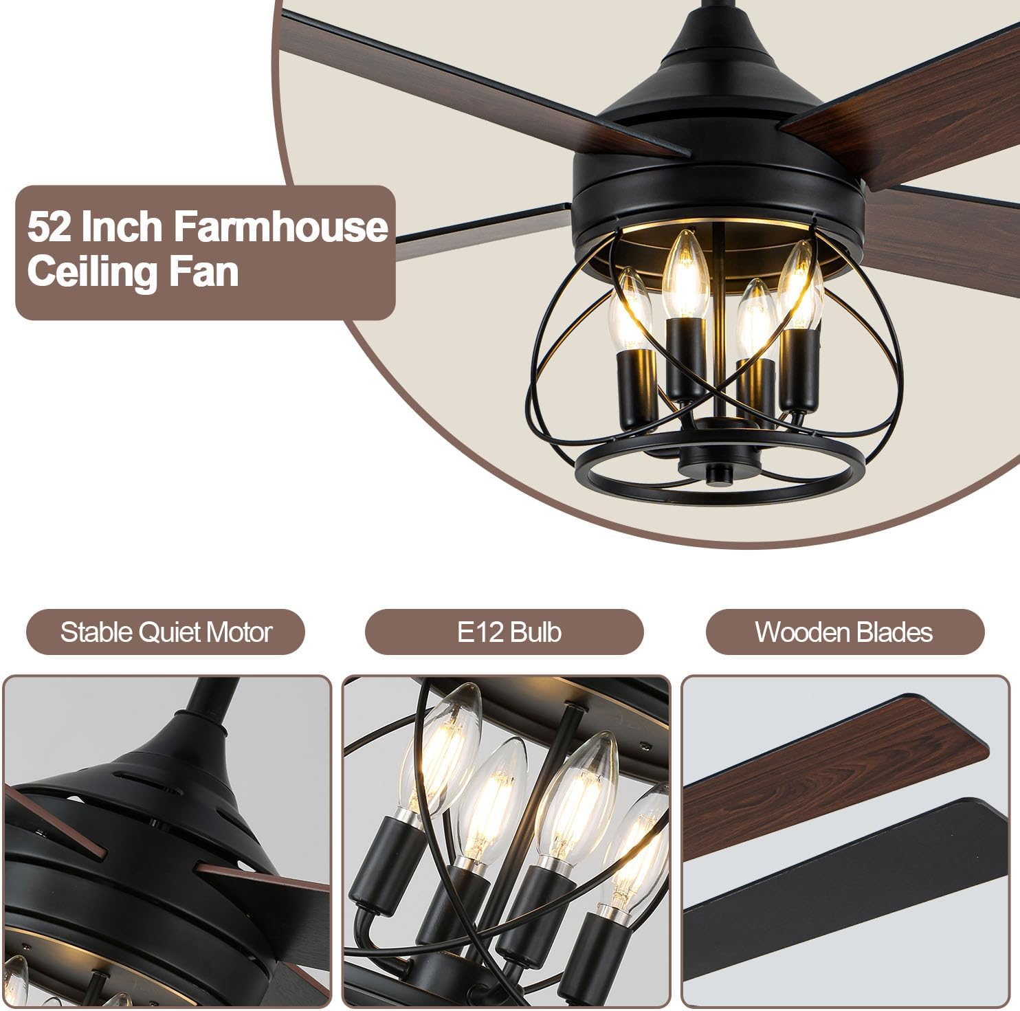 52 Inch Farmhouse Ceiling Fan with Light and Remote Industrial Ceiling Fan Quiet and Reversible DC Motor Rustic Caged Chandelier Fan for Living Room Bedroom Patio