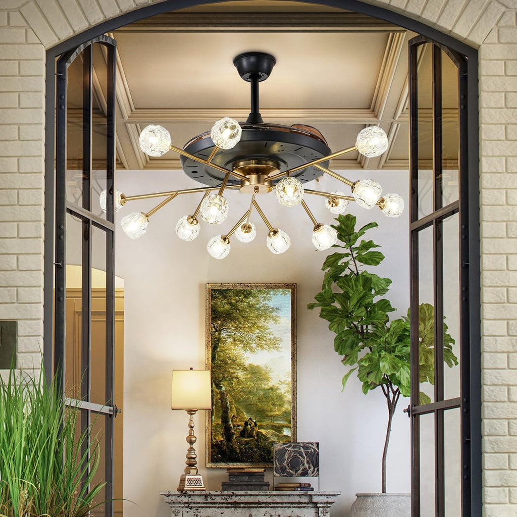 42' Modern Sputnik Fandelier Ceiling Fan with Light, 15-Light Brass Crystal Chandelier Fan with Remote Control Retractable 6 Speed Reversible Motor for Bedroom Living Dining Room