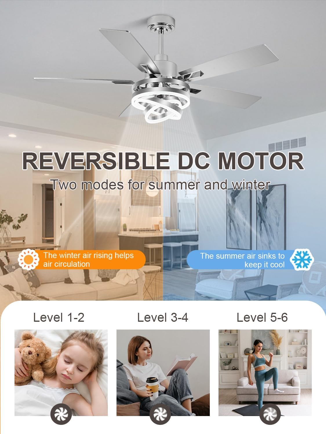 Bella Depot 52' Modern Ceiling Fan with Light, Metal Chandelier Fan with Remote, Rustic Indoor Fandelier with DC Motor for Dining Living Room Bedroom(Chrome)