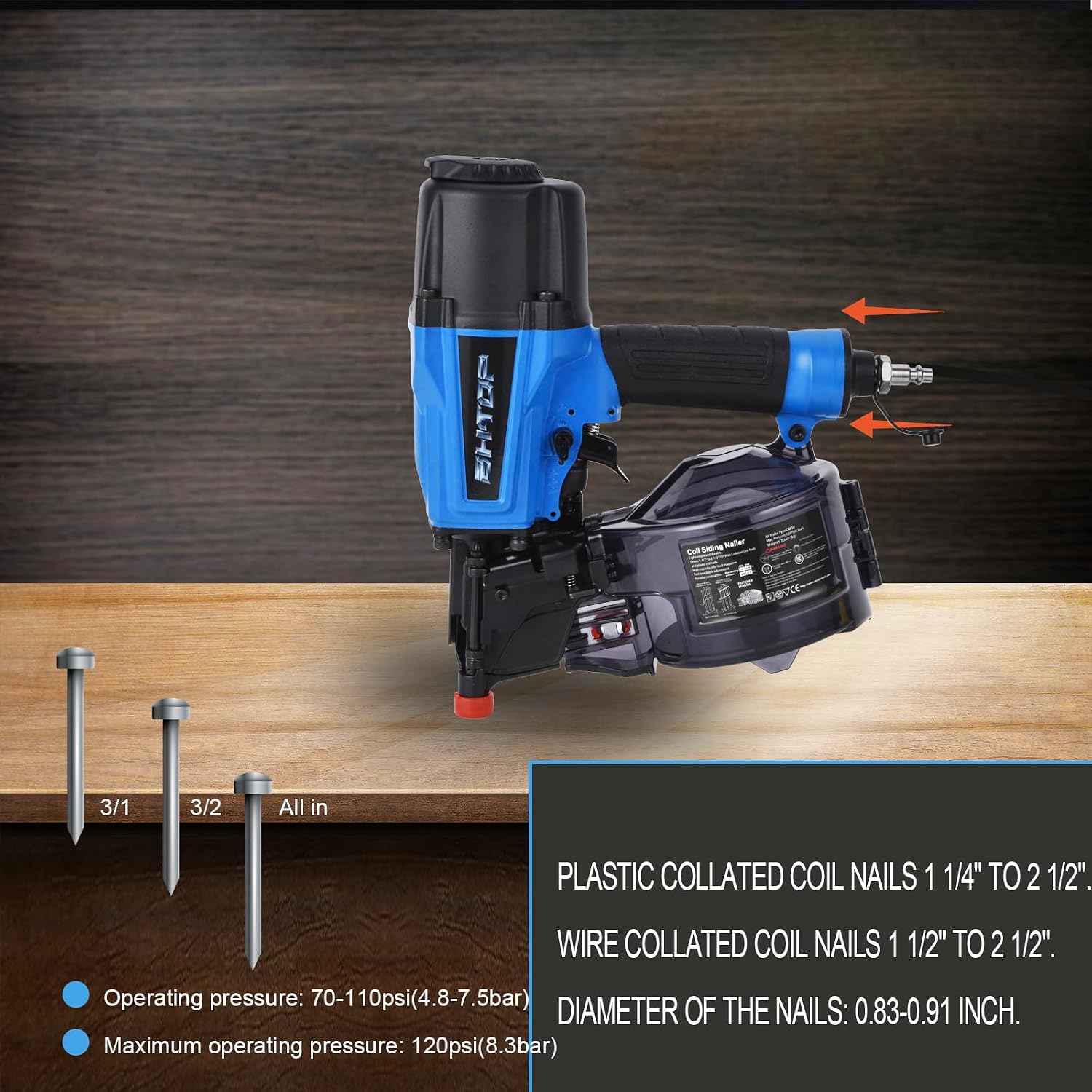 Siding Nail Gun, 15-Degree Coil Siding Fencing Nailer, 1-1/2 inch to 2-1/2 Inch for Siding, Fiber Cement, Fencing, Cedar Shake