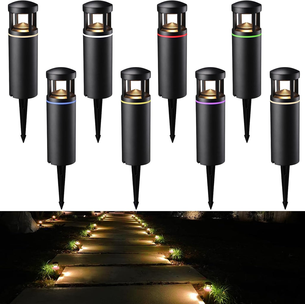 LEONLITE 8-Pack RGB Low Voltage Path Lights, 5W LED Pathway Lights, Unique Light Pattern, Outdoor Landscape Lighting for Driveway, Garden, 12-24V AC/DC, IP65, 3000K Warm White, Black, Aluminum