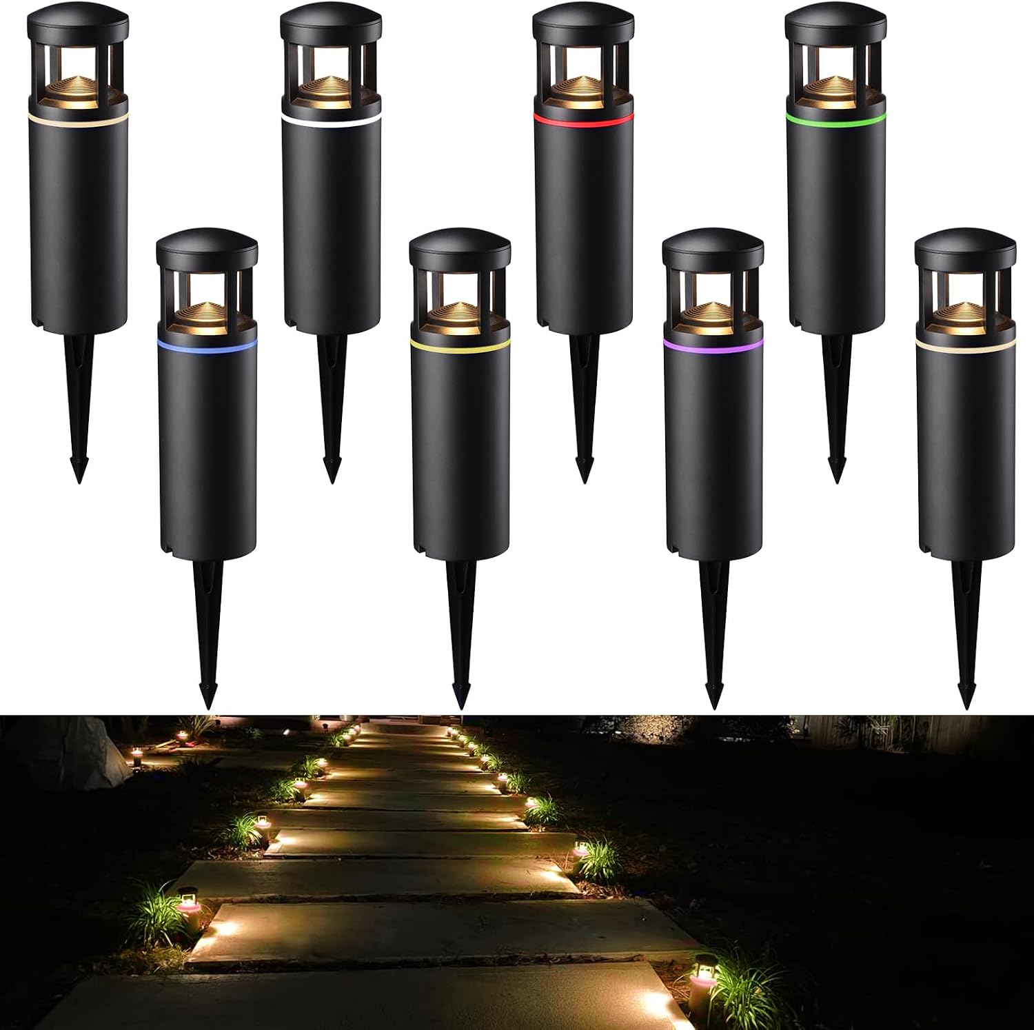 LEONLITE 8-Pack RGB Low Voltage Path Lights, 5W LED Pathway Lights, Unique Light Pattern, Outdoor Landscape Lighting for Driveway, Garden, 12-24V AC/DC, IP65, 3000K Warm White, Black, Aluminum