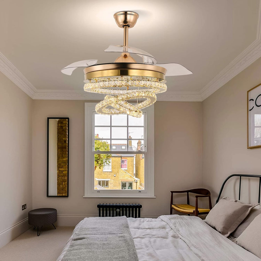 42' Dimmable Gold LED Fandeliers Crystal Chandelier Ceiling Fan with Lights Modern Invisible Fandelier Crystal Chandelier Fan 3 LED Color Change with Memory Function