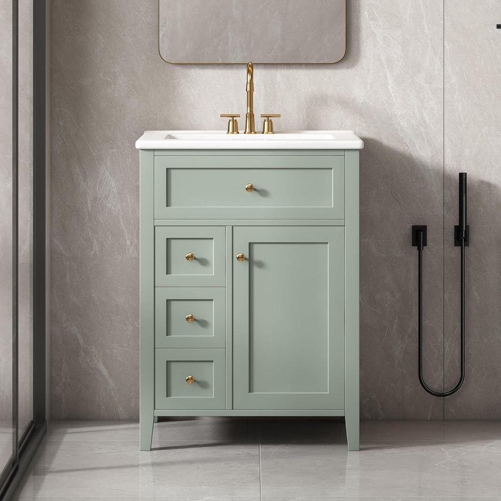 24' Bathroom Vanities Sink Set, Storage Cabinet with Multi-Functional Tip-Out Drawer and Adjustable Shelf, Soft-Closing Door, Solid Wood Legs, Green