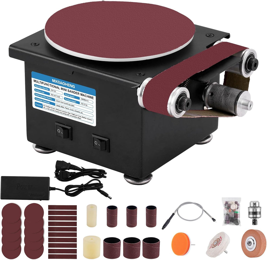 MXBAOHENG Mini Belt Disc Sander 6-Inch Sanding Disc and 1.2 x 15-Inch Sanding Belts for Wood Metal Stone Grinding, Small Spindle Sander Machine for Curve Grinding, with Chuck & Flexible Shaft