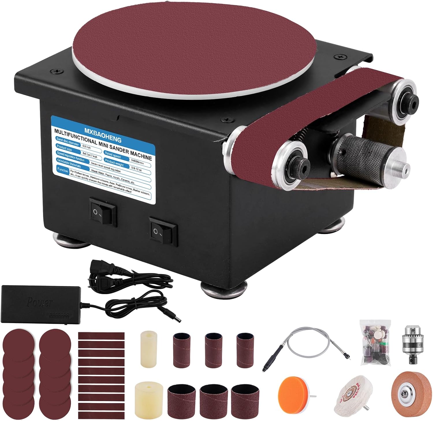 MXBAOHENG Mini Belt Disc Sander 6-Inch Sanding Disc and 1.2 x 15-Inch Sanding Belts for Wood Metal Stone Grinding, Small Spindle Sander Machine for Curve Grinding, with Chuck & Flexible Shaft