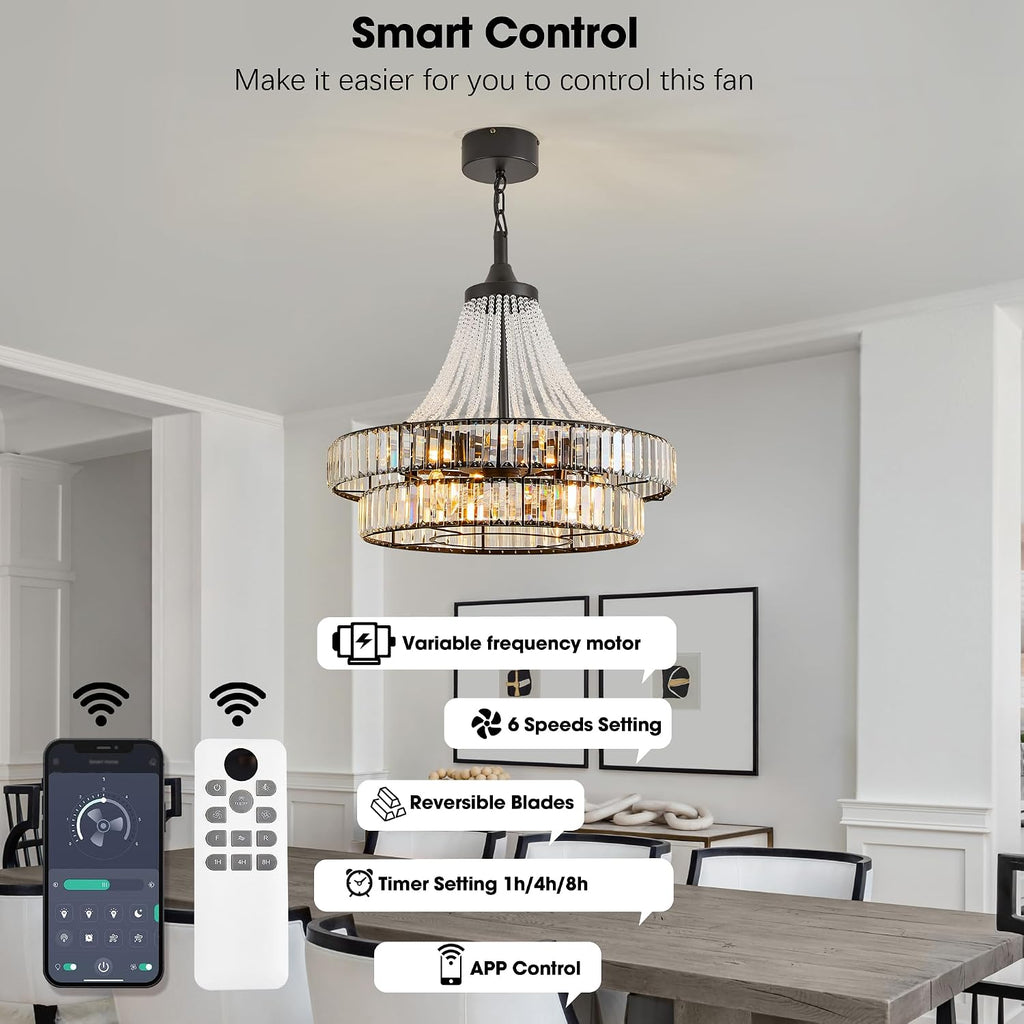 24' Farmhouse Crystal Chandelier Ceiling Fan with Lights, Remote & App Control, 6-Speed Reversible Large Fandelier, Double Layer Design for Bedroom, Living Room (Black)