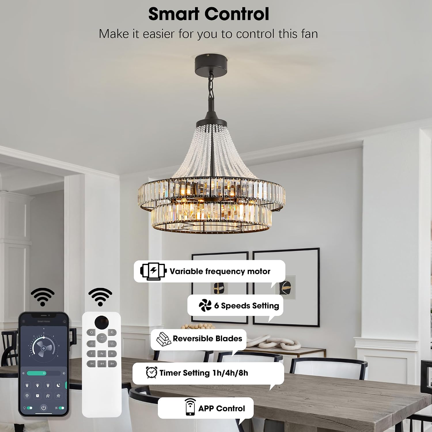 24' Farmhouse Crystal Chandelier Ceiling Fan with Lights, Remote & App Control, 6-Speed Reversible Large Fandelier, Double Layer Design for Bedroom, Living Room (Black)