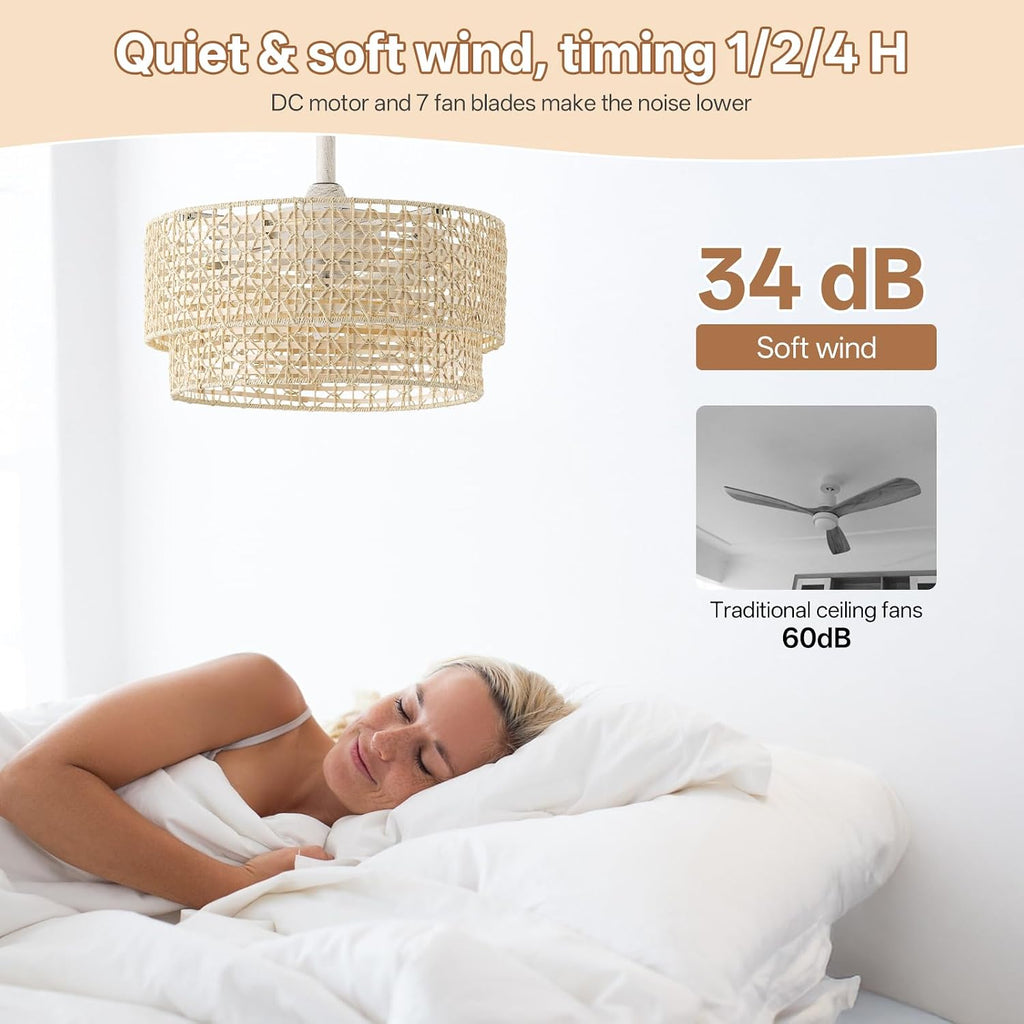 20' Boho Ceiling Fans with Lights, Rattan Fandelier Chandelier Ceiling Fan with Light Remote Control, Caged with 6 Speeds for Bedroom, Nursery