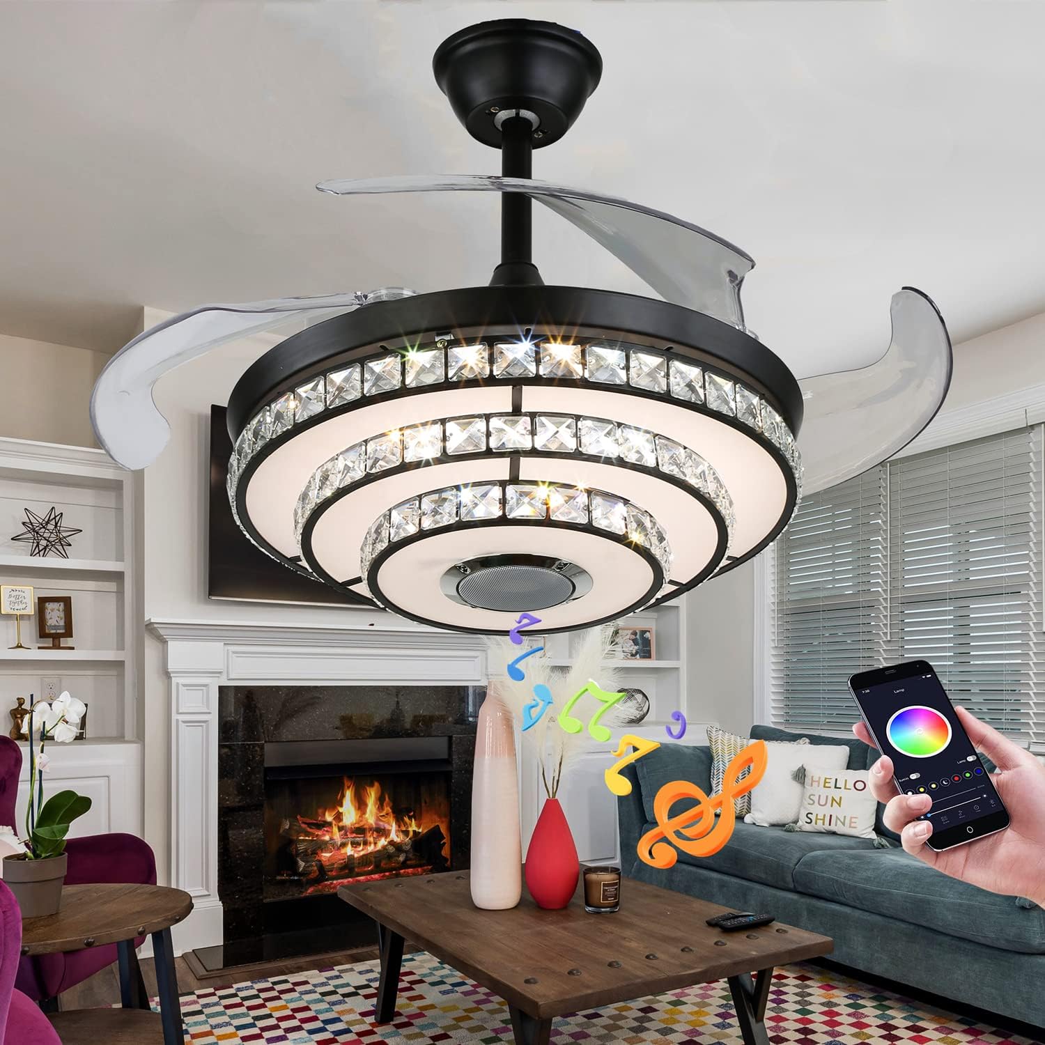 42' Smart Ceiling Fan with Lights and Bluetooth Speaker, Retractable Black Fandelier RGB Color Dimmable LED Crystal Chandelier Fans with Remote Control, Reversible Silent Motor, 6 Speeds