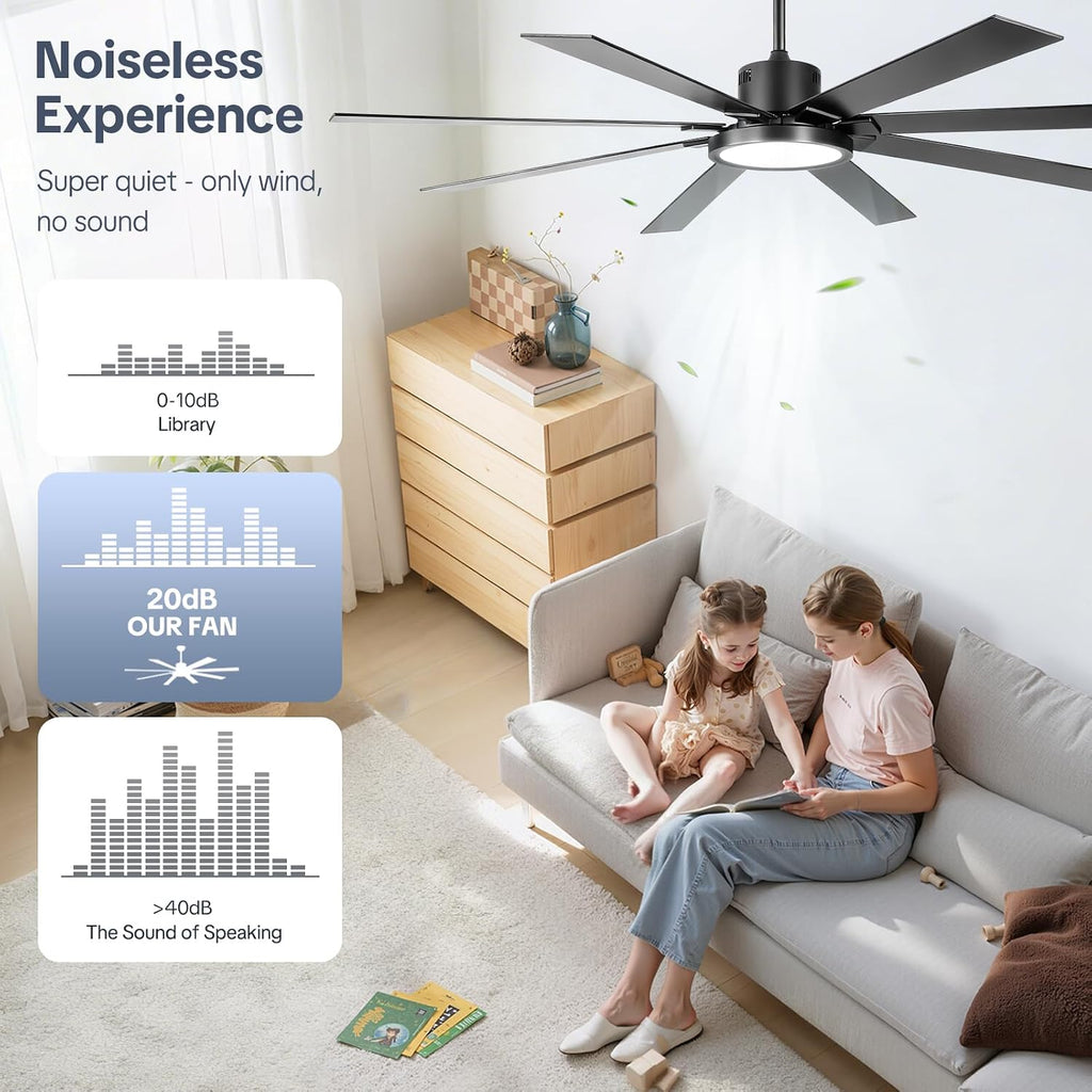 Large Ceiling Fans with Lights, Modern 72 Inch 8 Blade Outdoor Ceiling Fan with Remote APP Control - Dimmable Black Big Fan light Indoor Reversible 6 Speed Quiet DC Motor