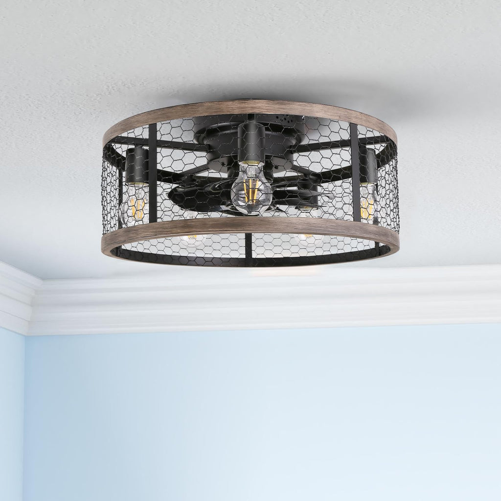 Ohniyou 20'' Flush Mount Caged Ceiling Fan with Lights Remote Control, Farmhouse Rustic Low Profile Small Vintage Enclosed Ceiling Fan Lighting Fixture Bedroom Dining Room