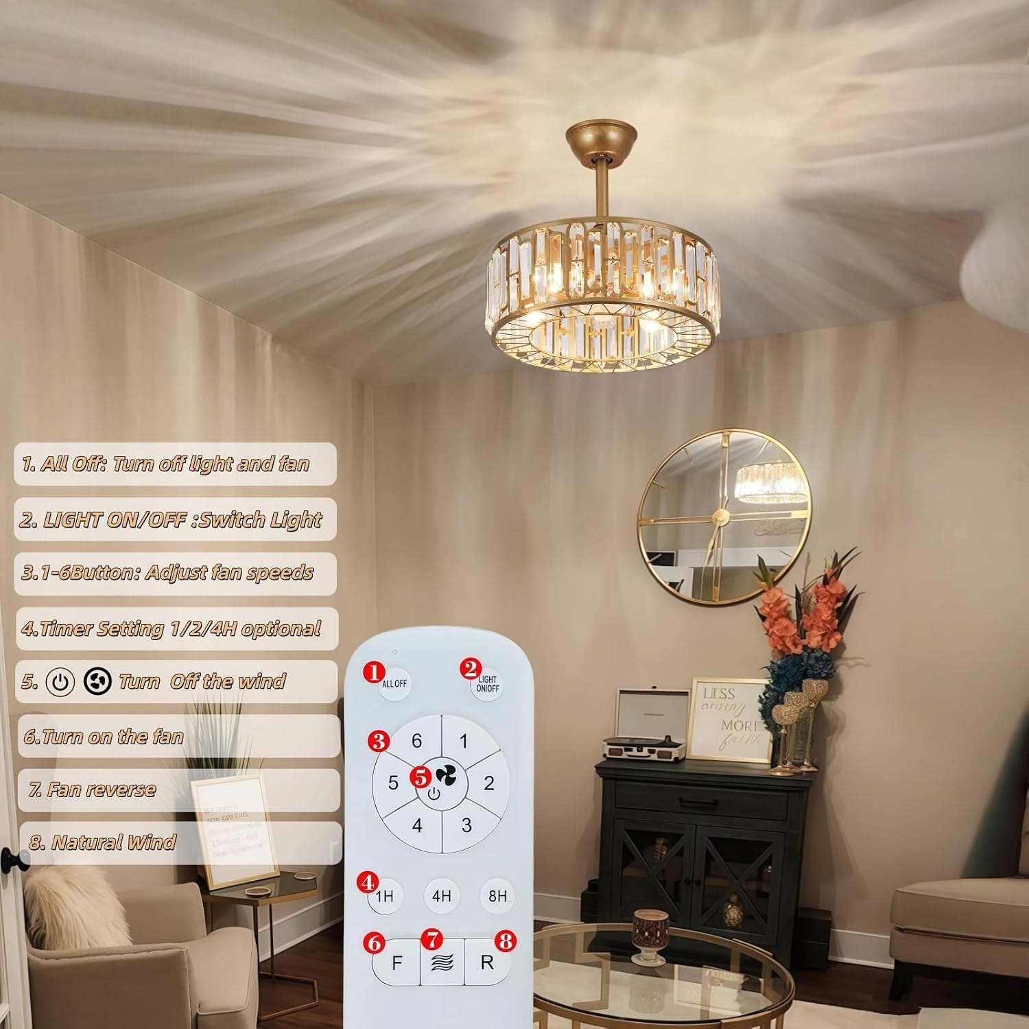 18.2' Gold Caged Ceiling Fans with Lights Remote Crystal Fandelier 4-Lights Flush Mount Fan Light Modern Enclosed Chandelier Fan with 6 Speeds for Bedroom Living Room Kitchen Dining Room Hallway