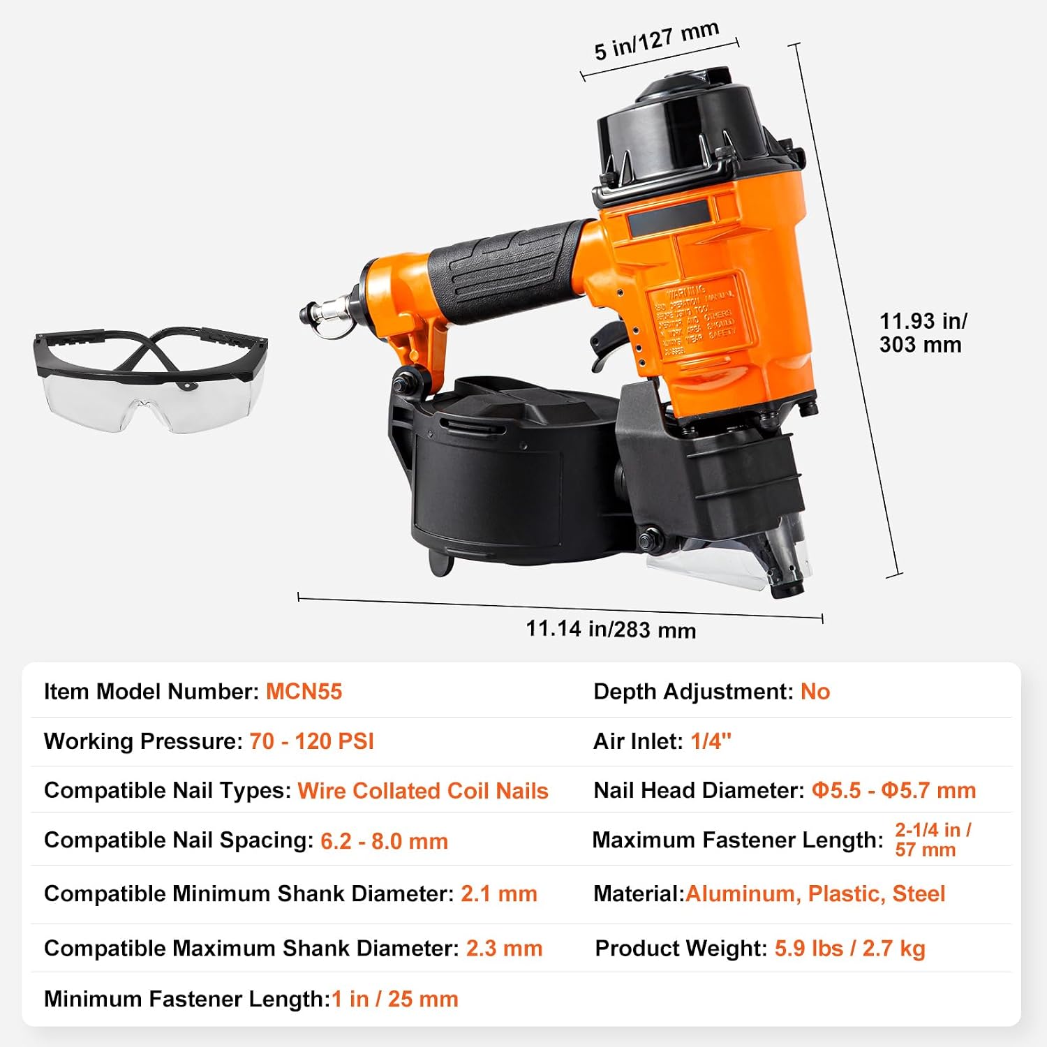 Happybuy Coil Siding Nailer MCN55, 1 inch to 2-1/4 inch 15 Degree Pneumatic Siding Nail Gun, 70-120PSI Air Coil Nailer for Siding, Pallet Sheathing, Fencing, Decking