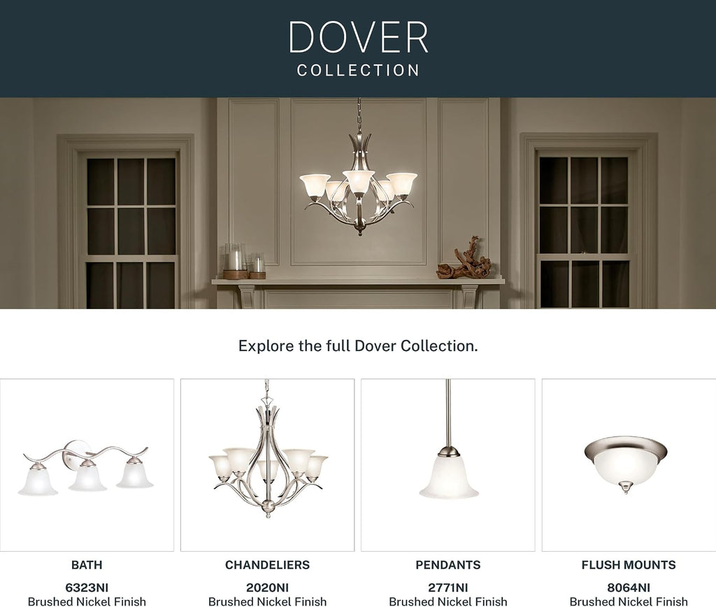 Kichler Dover 5-Light Chandelier with Etched Seeded Glass in Brushed Nickel, Transitional Dining Room or Foyer Light Fixture for High Ceilings (24' x 23'), 2020NI
