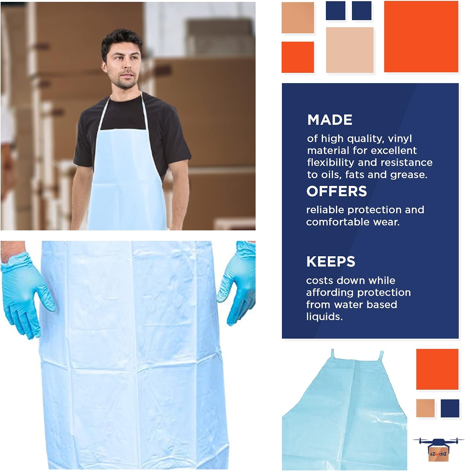 EZGOODZ Disposable Vinyl Aprons, Die Cut PVC Apron for Men and Women, Waterproof Aprons with Neck and Waist Ties, Pack of 72