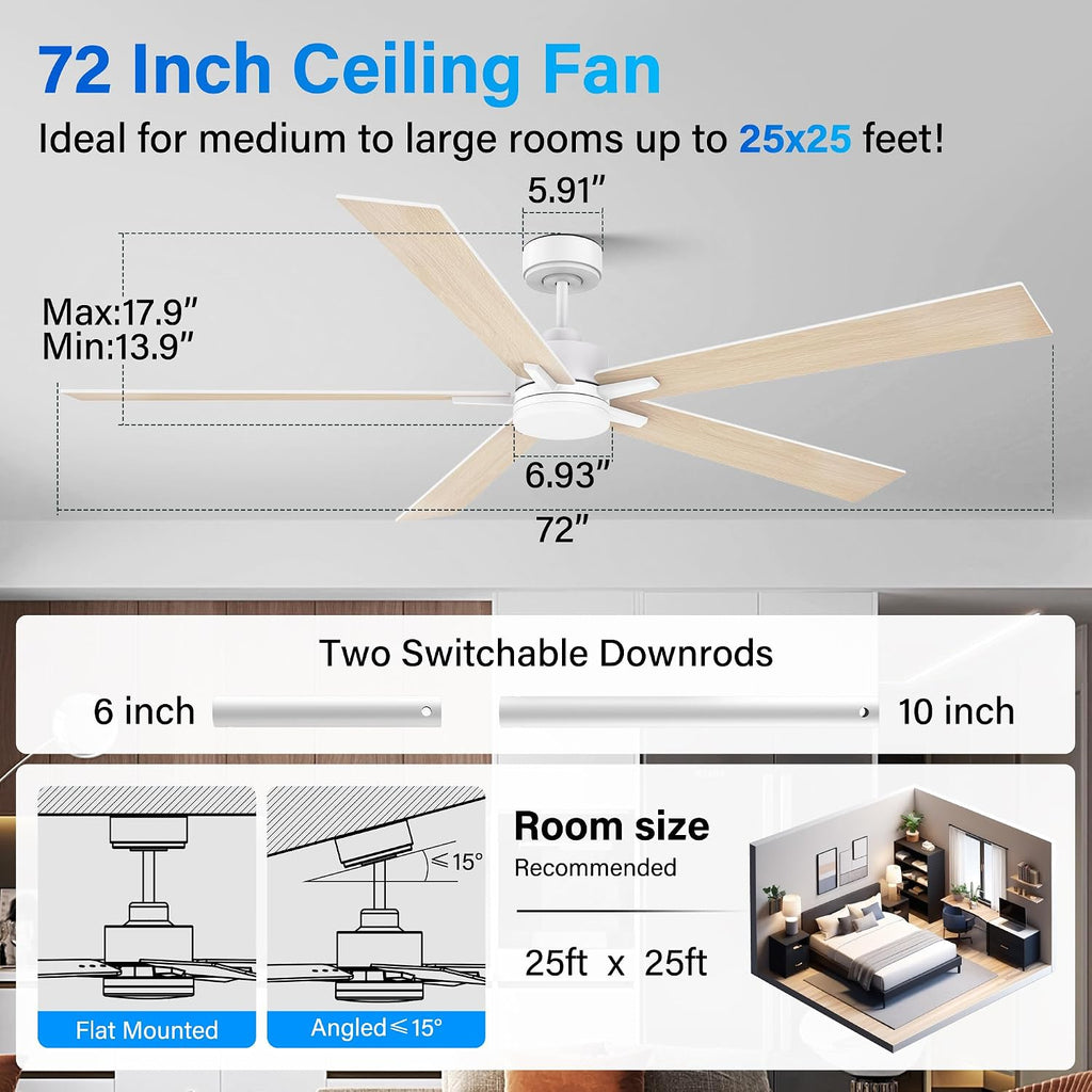 72' Large Smart Ceiling Fan with Lights Remote,Silent DC Motor,Control via Voice Alexa Google App,Outdoor Indoor Modern Ceiling Fans for Large Living Room Patios Decks,5 Blades in White & Light Wood