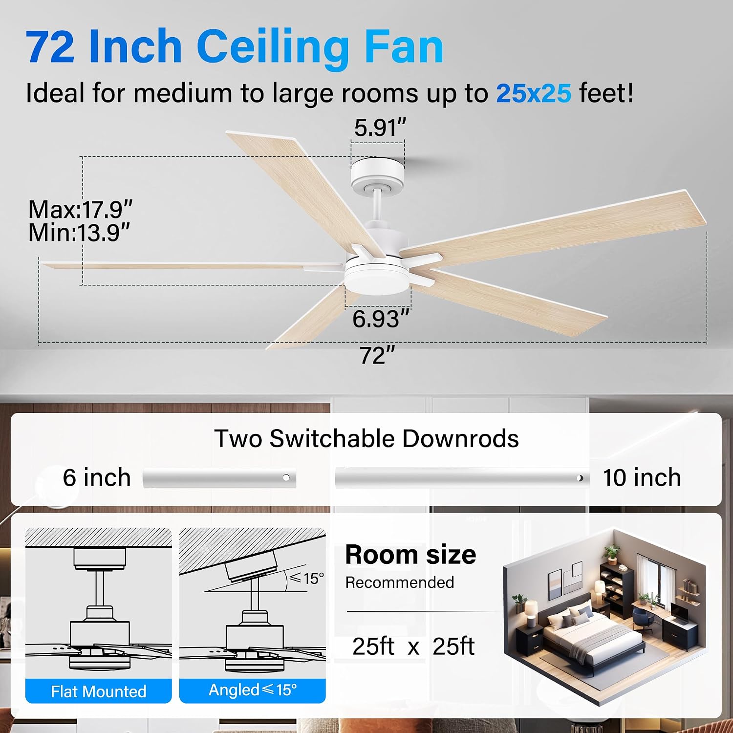 72' Large Smart Ceiling Fan with Lights Remote,Silent DC Motor,Control via Voice Alexa Google App,Outdoor Indoor Modern Ceiling Fans for Large Living Room Patios Decks,5 Blades in White & Light Wood
