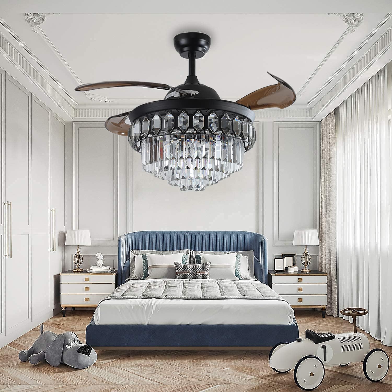 42' Retractable Blade Ceiling Fan with Crystal Modern Fandelier Ceiling Fan with Lights Indoor LED Luxury Ceiling Fan Chandelier,3 Lighting Color Nosie-Free Fan Rustic Black