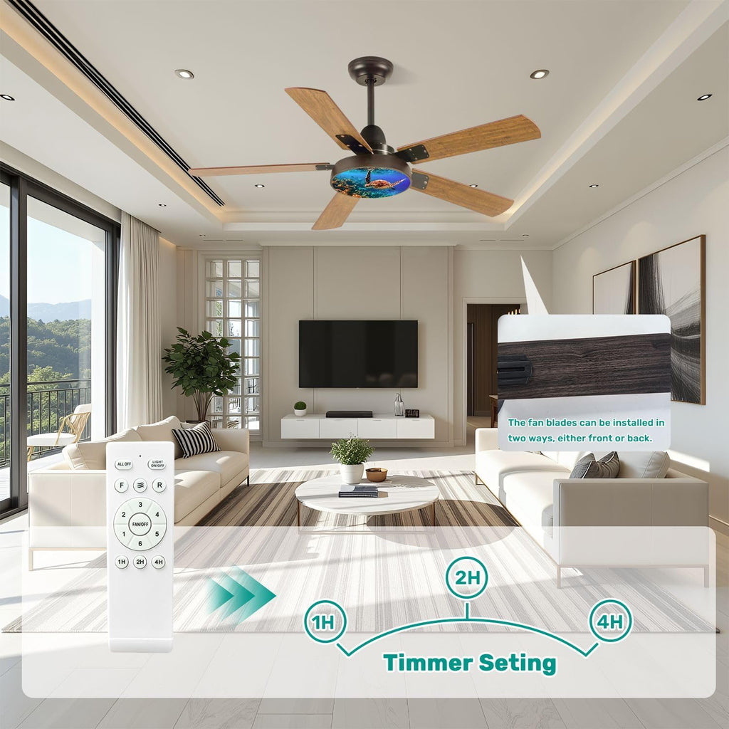 Modern Ceiling Fans with Lights Remote, Sea turtle swims under water coral reefs 42 Inch Ceiling Fan for Bedroom Living Room Farmhouse, 6 Speed Reversible Quiet Motor
