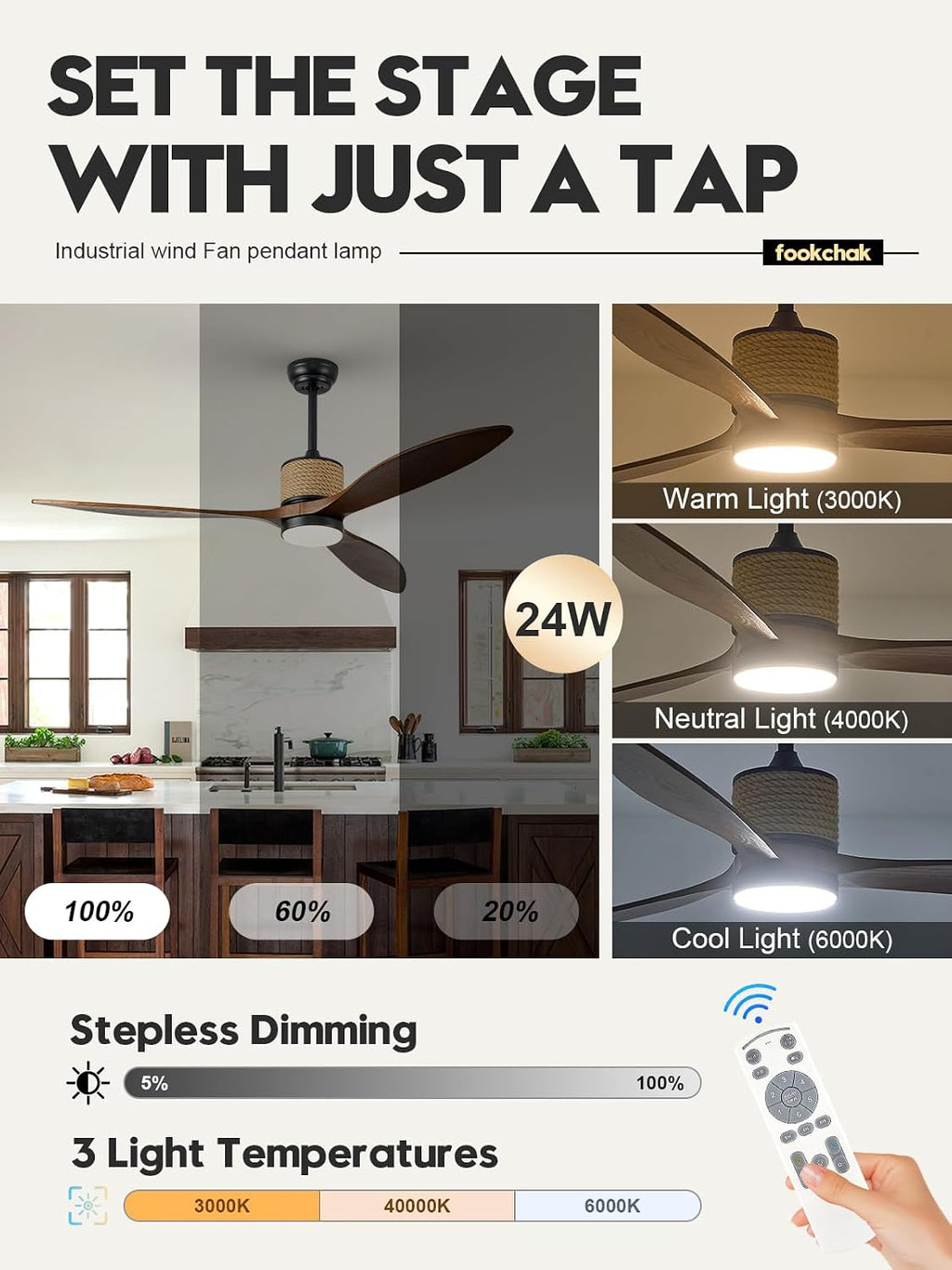 60in Dimmable Black Ceiling Fan Lights with Remote Control 3 Blade Hemp Rope Farmhouse Ceilings Fan with Light Walnut Wood LED Ceiling Fan Outdoor for Patio Kitchen Bedroom Living Room