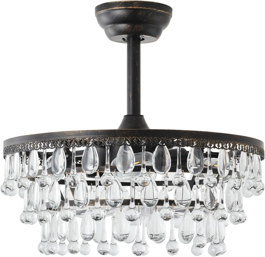 Crystal Fandelier Ceiling Fan with Light, 20' Black Crystal Chandelier Ceiling Fans with Lights and Remote with 6 Speeds for Bedroom, Living Room, Nursery