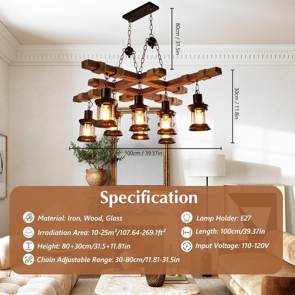 8-Head Industrial Wooden Chandeliers, Vintage Wooden Chandeliers, Durable Vintage Lamps, Retro Ceiling Light, Farmhouse Chandelier Hanging, for Pool Table Kitchen Bar