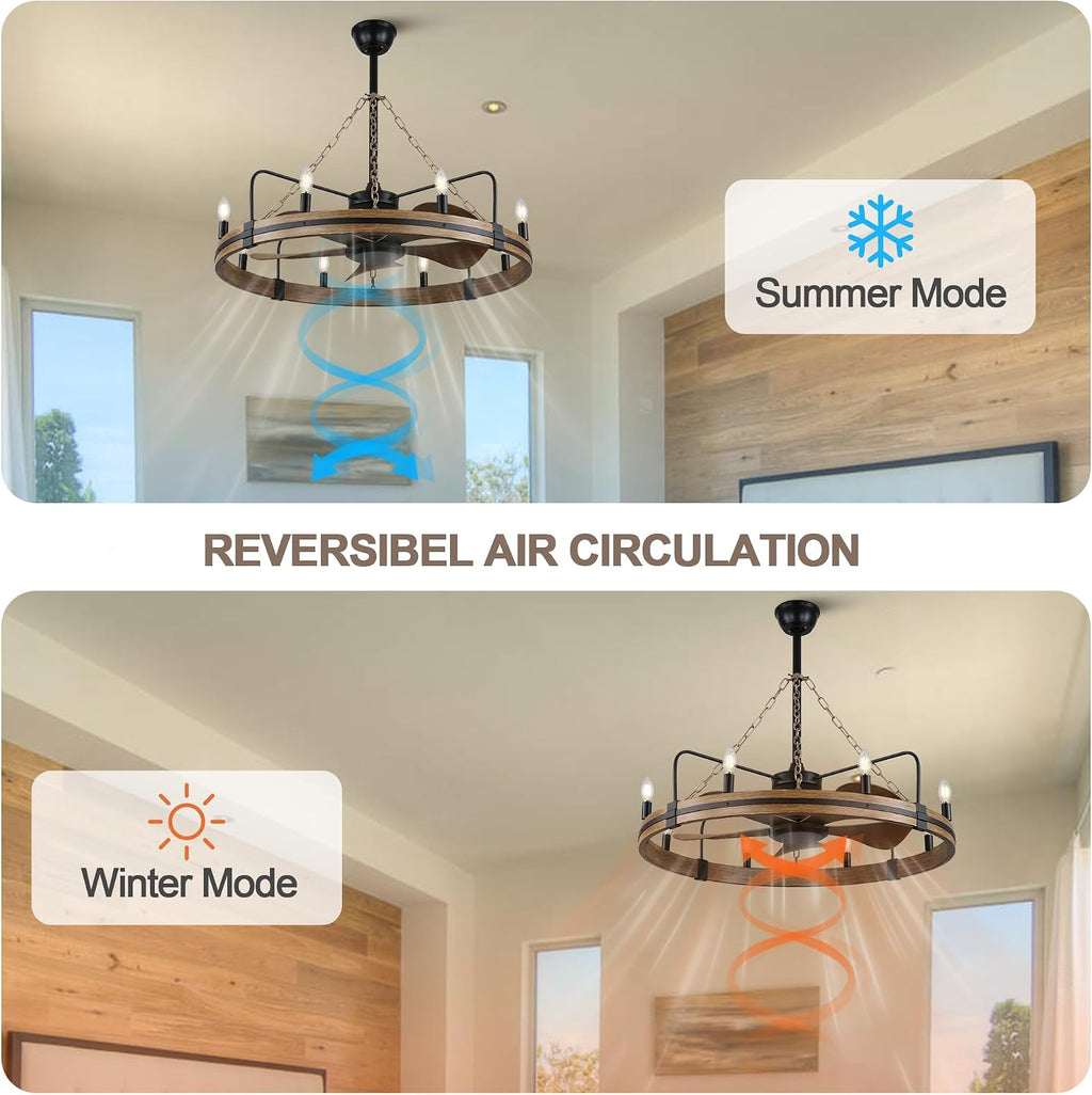 36' Wagon Wheel Chandelier Ceiling Fan with Lights and Remote, Rustic Caged Ceiling Fan 8 Lights Farmhouse Fandelier for Dining Room Bedroom Living Room, Reversible DC Motor 6 Speeds
