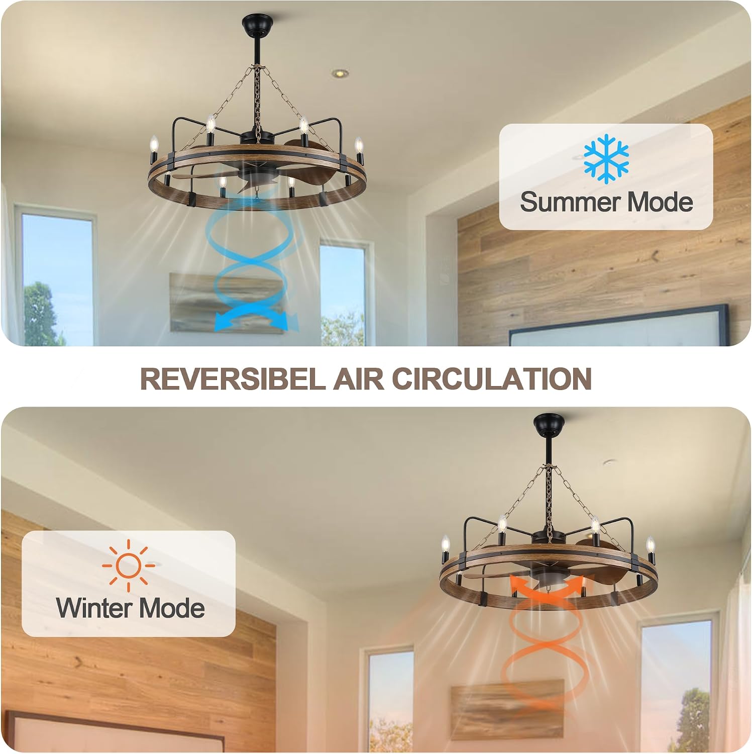 36' Wagon Wheel Chandelier Ceiling Fan with Lights and Remote, Rustic Caged Ceiling Fan 8 Lights Farmhouse Fandelier for Dining Room Bedroom Living Room, Reversible DC Motor 6 Speeds