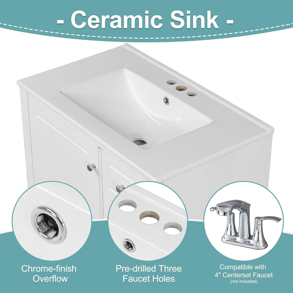 30' Modern Freestanding Bathroom Vanity with Ceramic Sink Top, 3 Drawers & Storage Shelves - MDF & Solid Wood Base