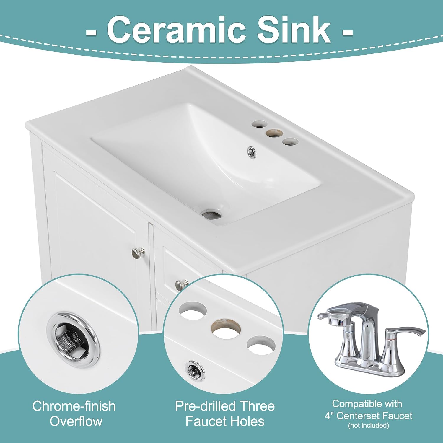 30' Modern Freestanding Bathroom Vanity with Ceramic Sink Top, 3 Drawers & Storage Shelves - MDF & Solid Wood Base
