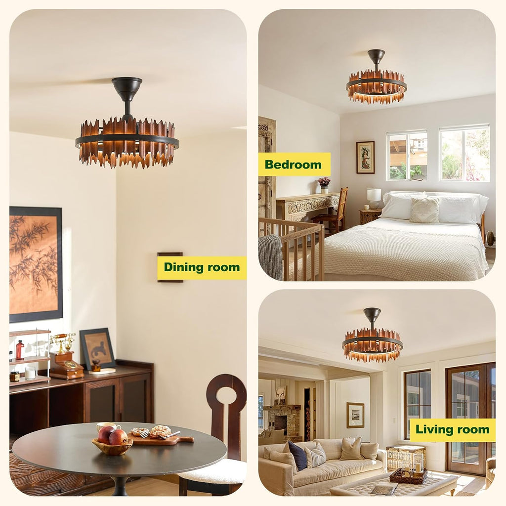 19.7' Rustic Caged Ceiling Fan with Light, Farmhouse Wood Fandelier Ceiling Fan, 6 Speed and Reversible, Dimmable LED Chandelier Fan with Charred Leaves for Bedroom, Kitchen, Living Room