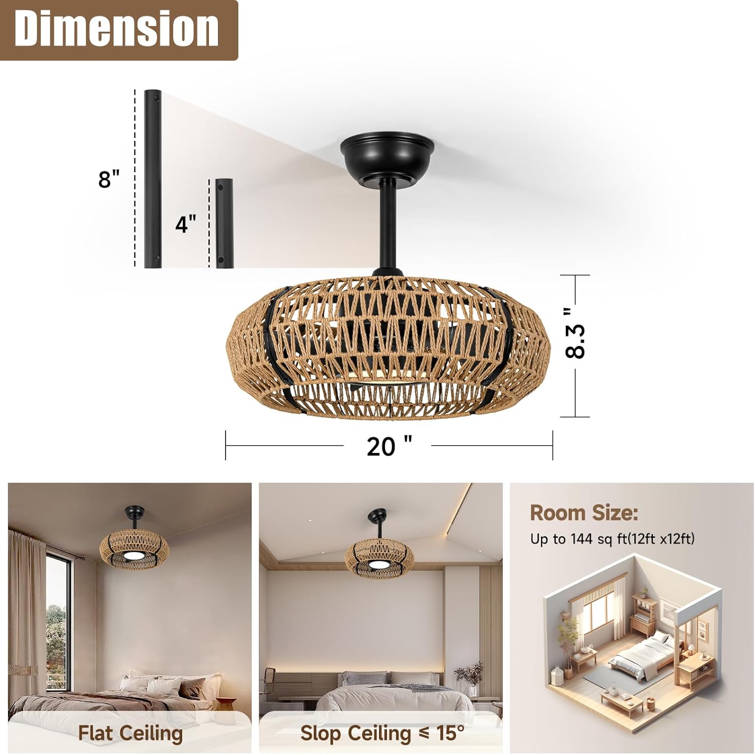 ocioc 20' Caged Ceiling Fans with Lights and Remote,Fandelier Ceiling Fan with Light,Bladeless,Quiet Reversible DC Motor,Rattan Boho Ceiling Fan for Bedroom,Living Room