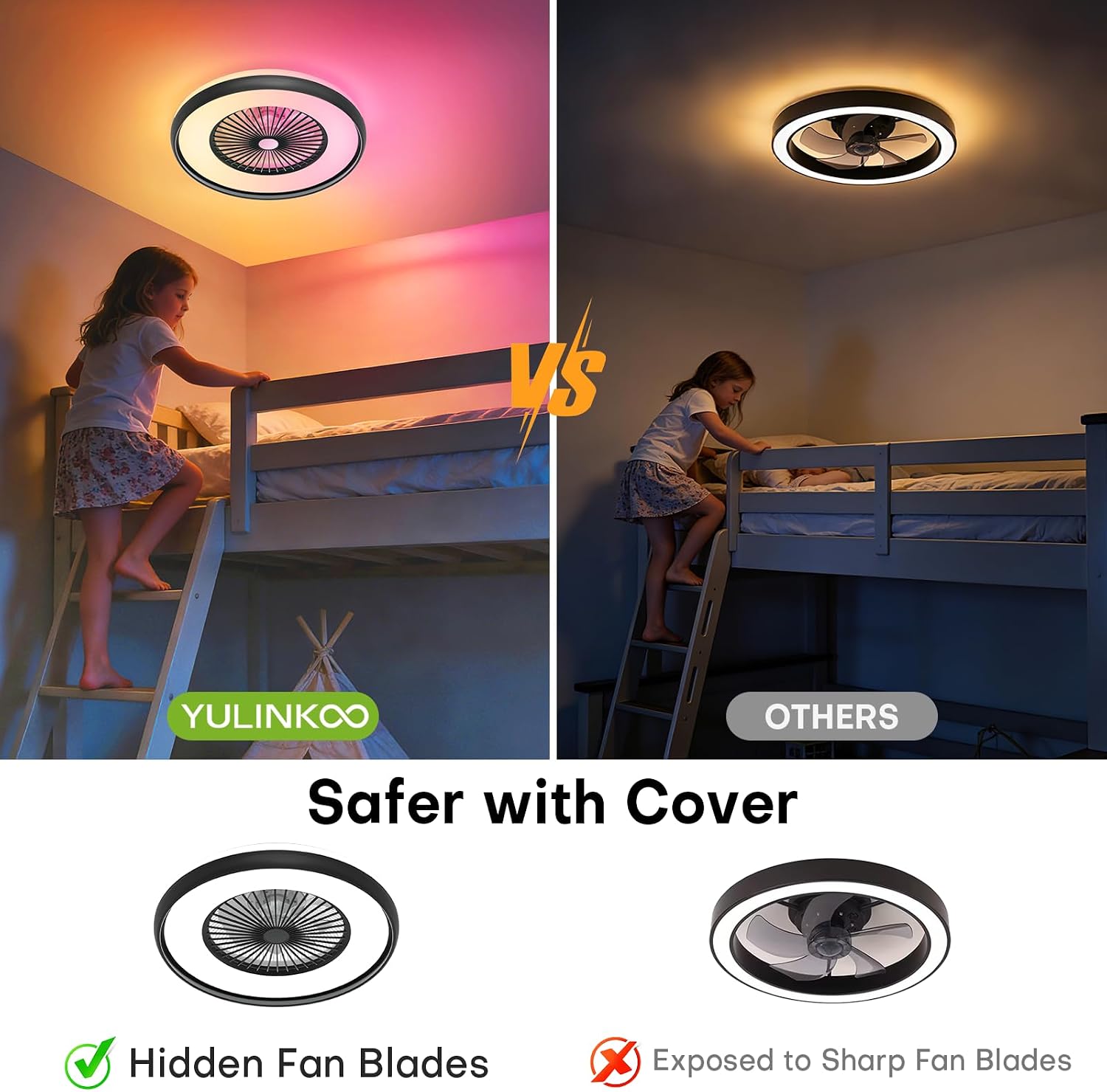 Bladeless Ceiling Fan with RGB Light, 24'' Flush Mount Low Profile Ceiling Fans with Remote & APP Control, Voice Control, 2700-6500K, 6 Speeds Dimmable LED Fan Light for Bedroom, Kids Room
