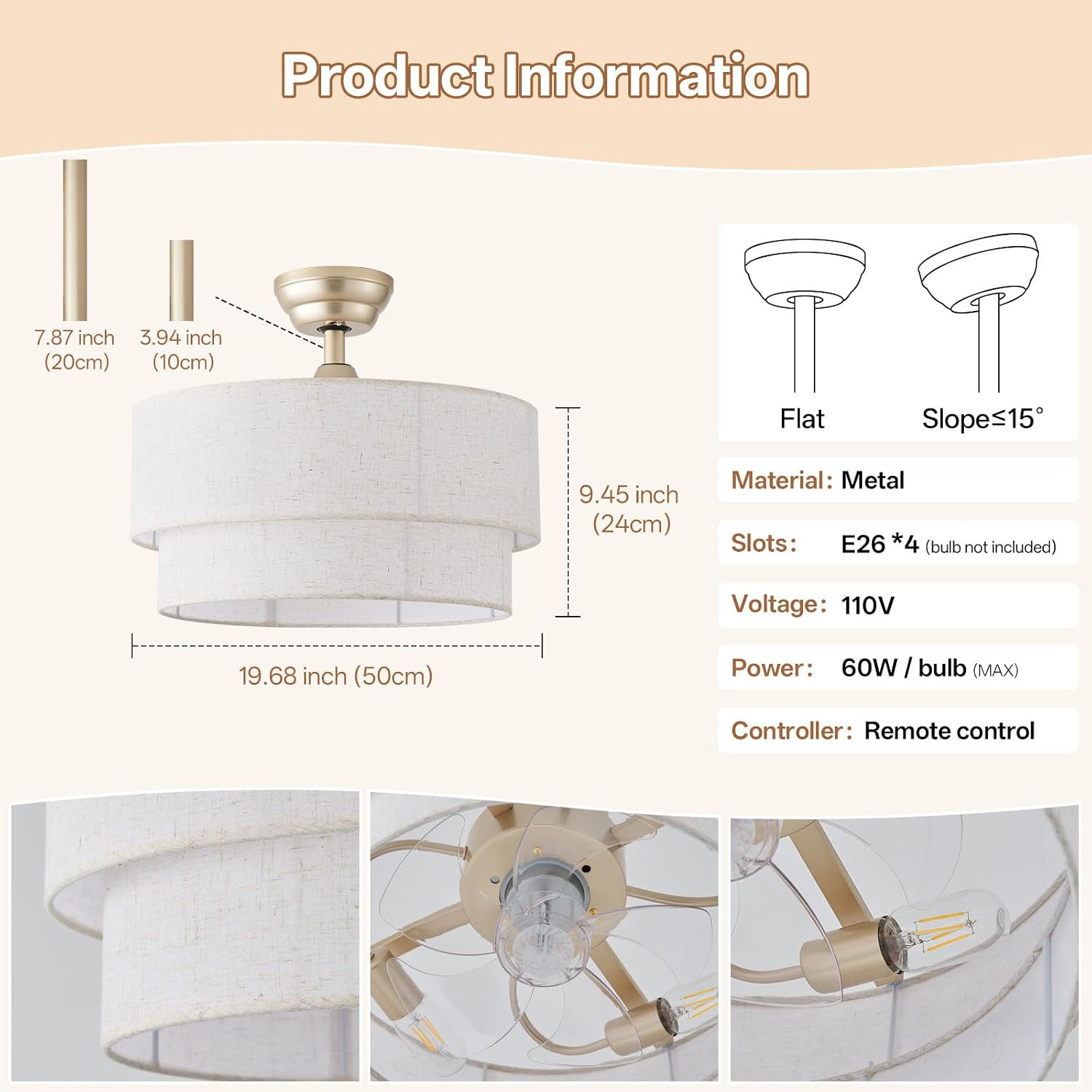 20' Boho Ceiling Fans with Lights, Coastal Fandelier Chandelier Ceiling Fan with Light Remote Control, Caged with 6 Speeds for Bedroom, Nursery (Beige)