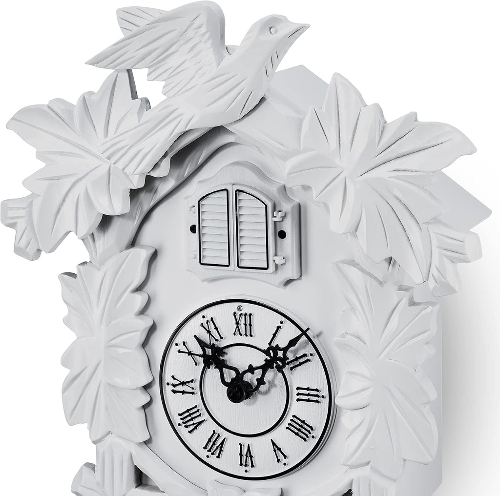 TIMEGEAR Cuckoo Clock with Night Mode, Hand Carved Decorations and Swinging Pendulum (White)
