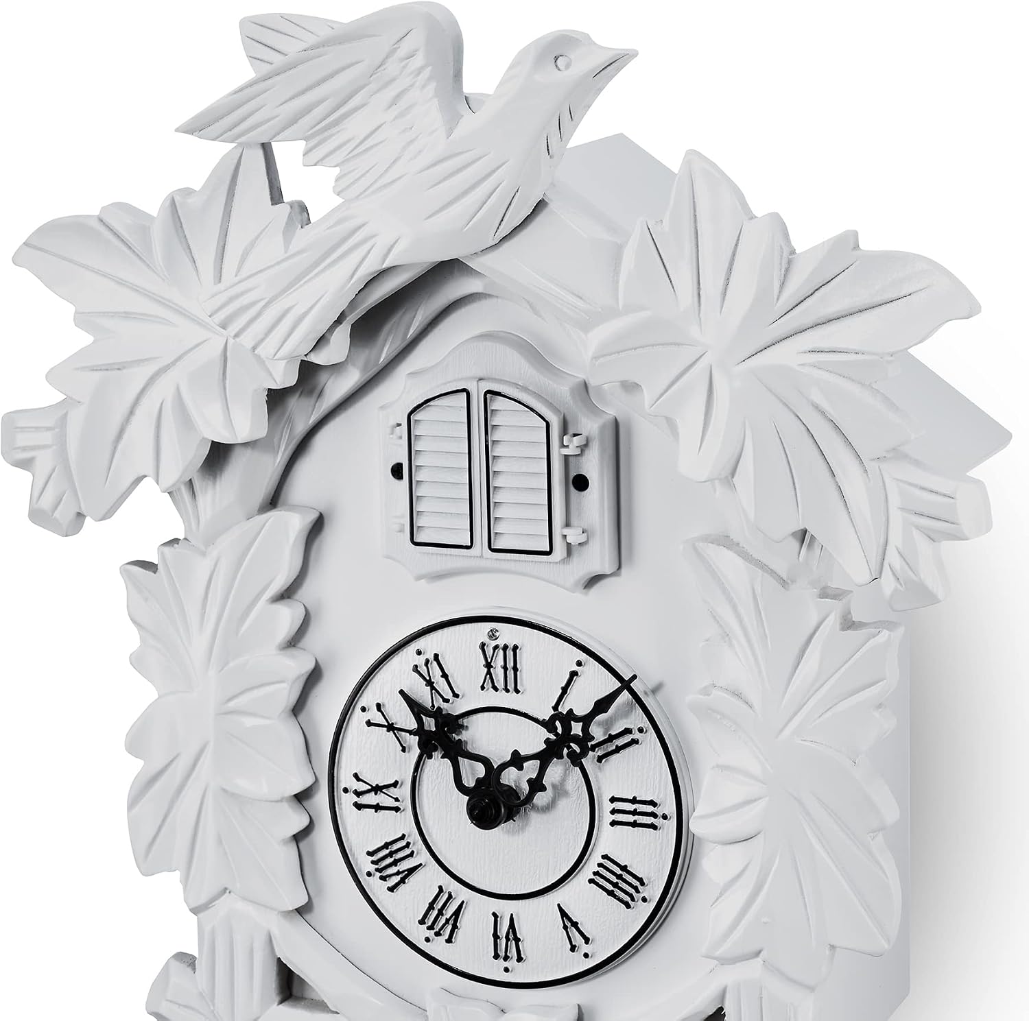 TIMEGEAR Cuckoo Clock with Night Mode, Hand Carved Decorations and Swinging Pendulum (White)