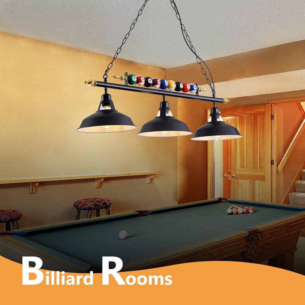 3-Light Billiard Pool Table Lights Hanging Over Pool Table, Black Matte Metal Shades with Billiard Ball Decor, for Billiards Room, Snooker Table, Kitchen Island