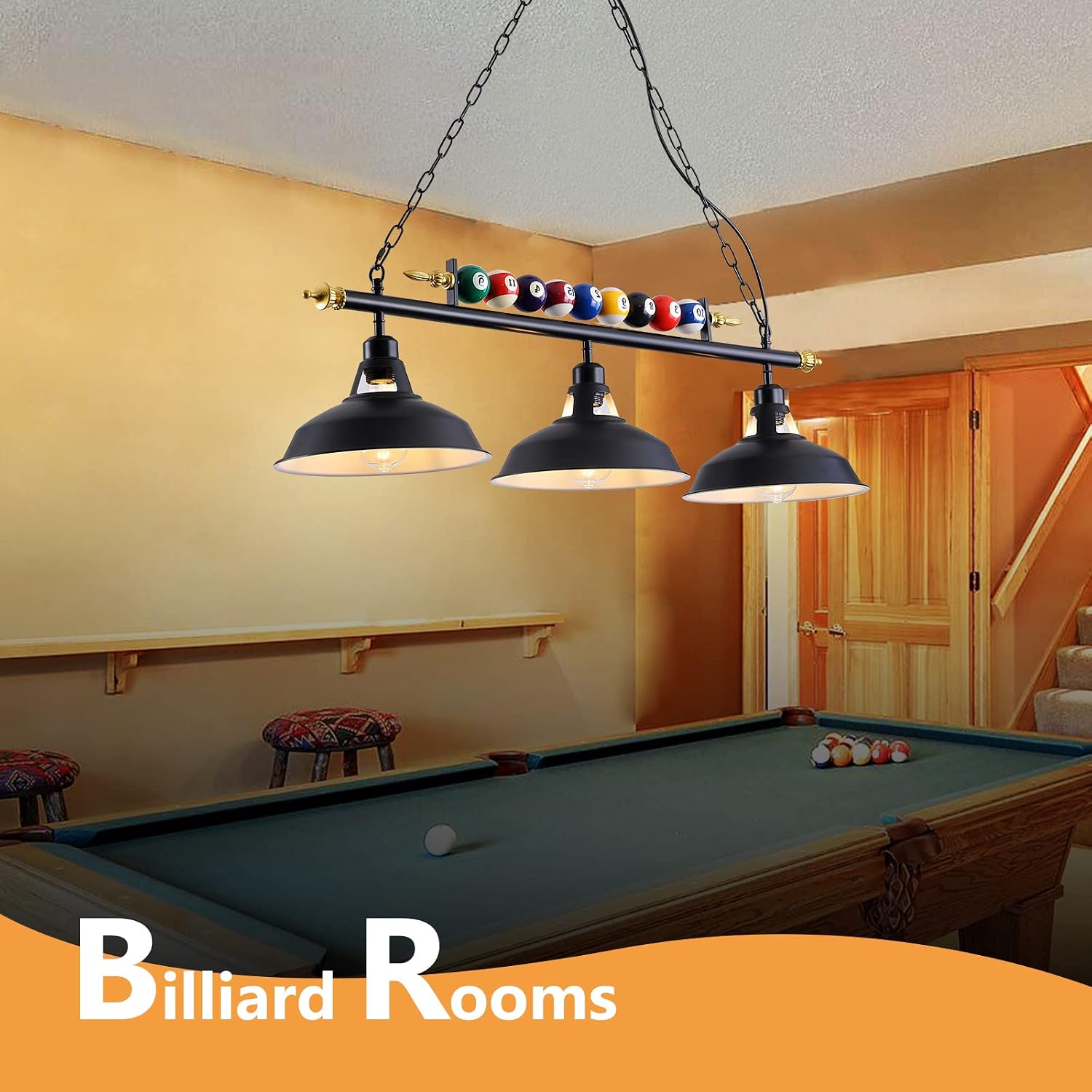 3-Light Billiard Pool Table Lights Hanging Over Pool Table, Black Matte Metal Shades with Billiard Ball Decor, for Billiards Room, Snooker Table, Kitchen Island