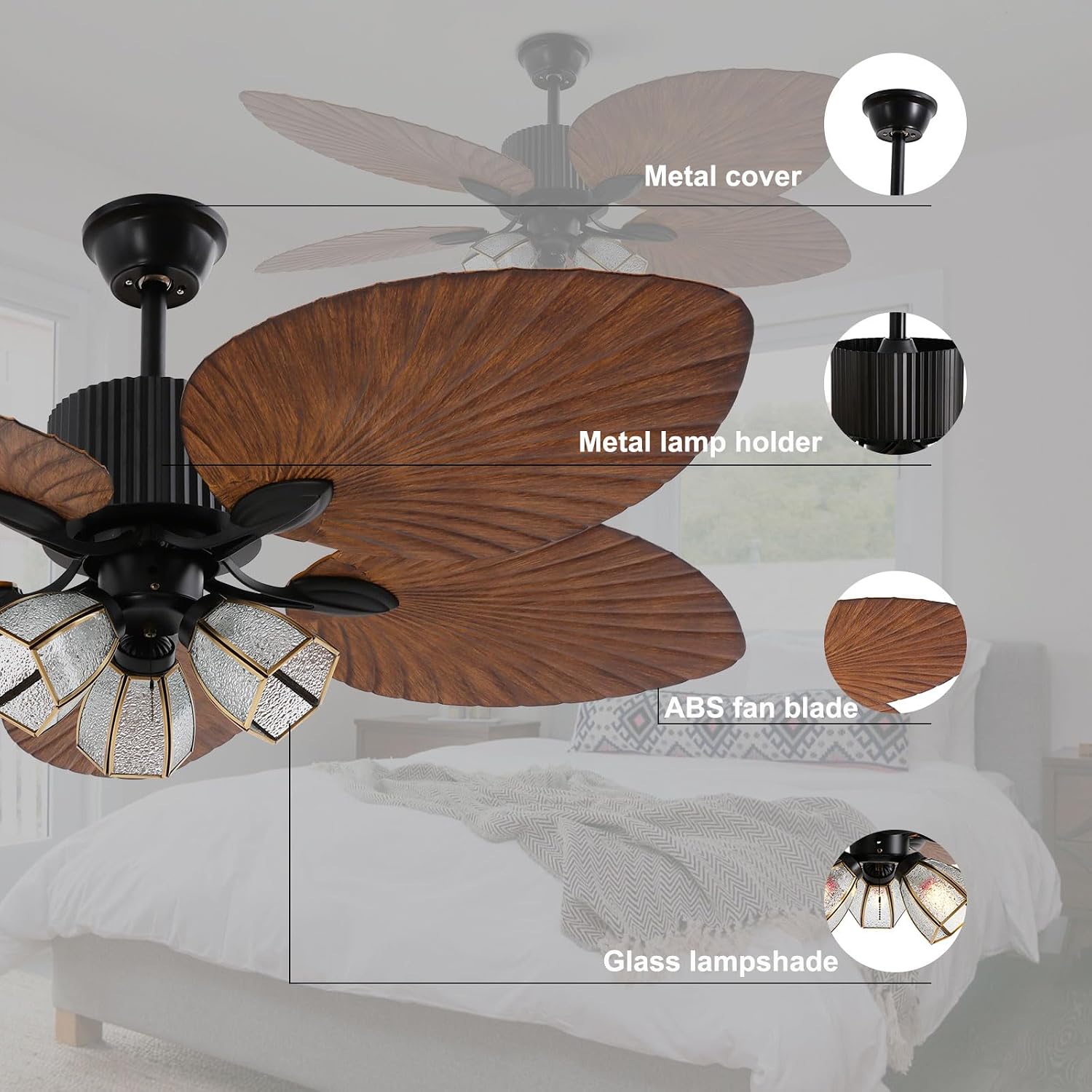 52 Inch Tropical Ceiling Fan, Palm Wooden Leaf Ceiling Fan with Remote & Lights, Timer Function & Adjustable Height Vintage Quit Fan Light for Living Room Kitchen Bedroom Patio Porche Covered Deck