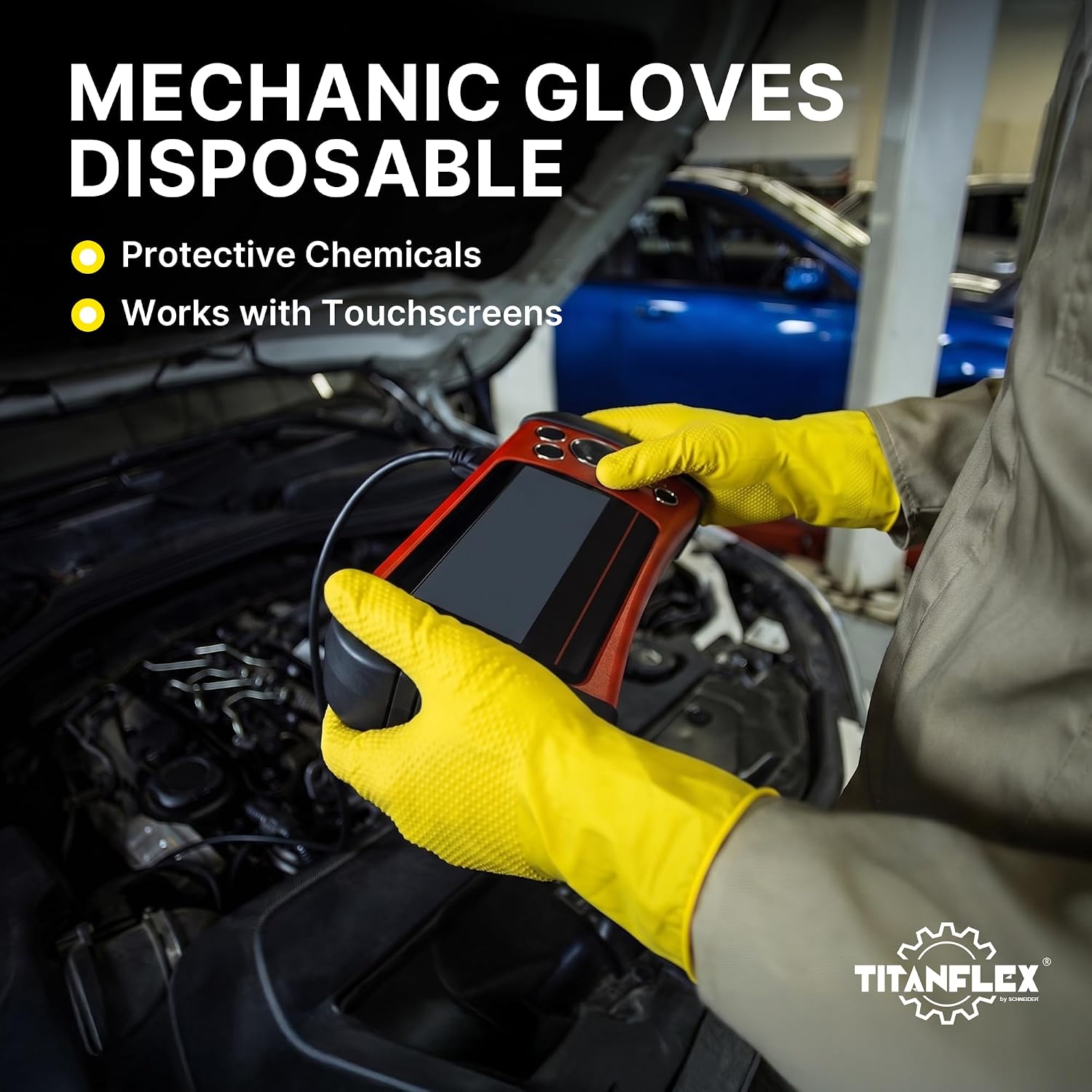 TitanFlex Heavy Duty Industrial Nitrile Gloves with Raised Diamond Texture, 6-mil, Latex Free (Dark Green/Yellow)